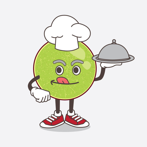 Ilustrace kresleného maskota z melounu Cantaloupe jako kuchaře s jídlem na podnose připraveným sloužit - Vektor, obrázek