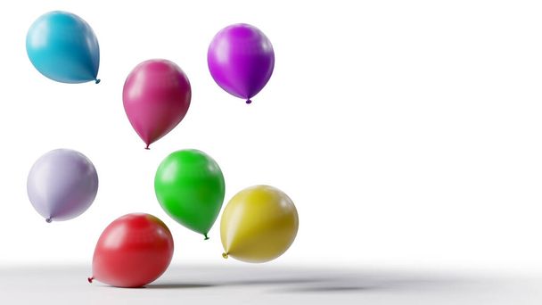 Kleurrijke ballonnen zweven op witte achtergrond. Achtergrond van het verjaardagsfeest - Foto, afbeelding