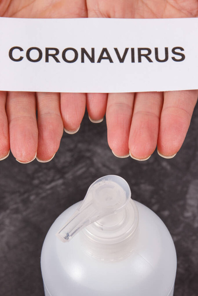 Hands and alcohol disinfectant or soap. Coronavirus covid-19 protection measures. Novel Chinese coronavirus outbreak. 2019-nCoV. Sars-cov-2 - Fotoğraf, Görsel
