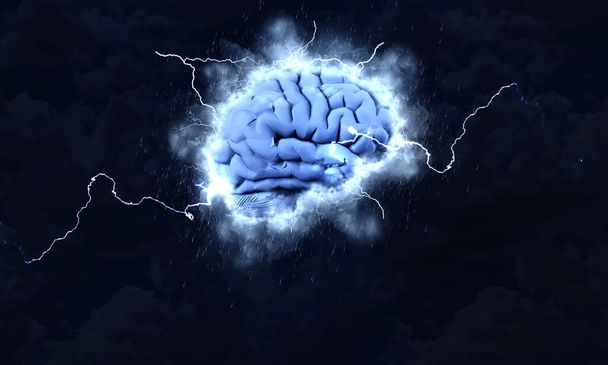 Koncepce mozkového kmene, Mozek v bouřlivé oblačnosti a blesku. supermozek, 3D vykreslování. - Fotografie, Obrázek
