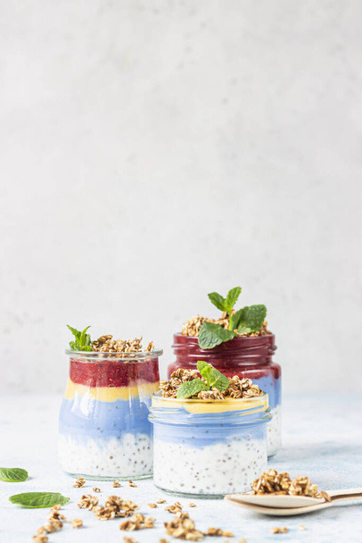 Vegan blue spirulina chia puddings with jam and granola in glass jars on a light blue table. Concept of healthy eating, dieting, fitness menu. Various layered dessert for breakfast.  - 写真・画像