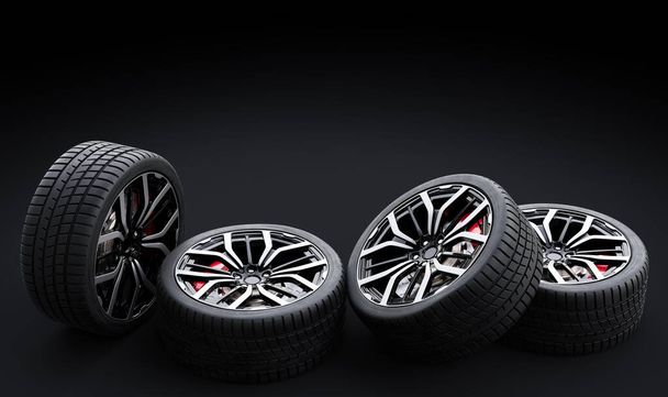 Set wielen met moderne aluminium velgen op zwarte achtergrond - banner compositie. 3D illustratie - Foto, afbeelding