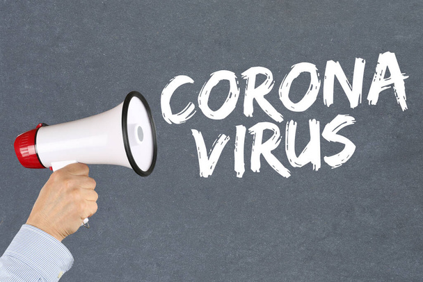 Coronavirus corona virus outbreak disease ill illness hand with megaphone - Foto, afbeelding