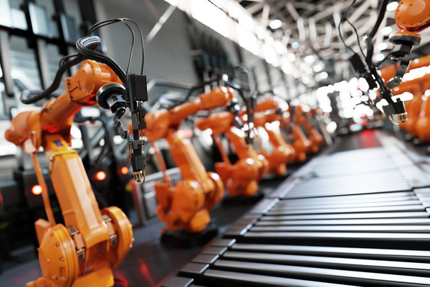 Robotická ramena podél montážní linky v moderní továrně. Těžký průmysl, technologie a strojové učení. 3D vykreslování - Fotografie, Obrázek