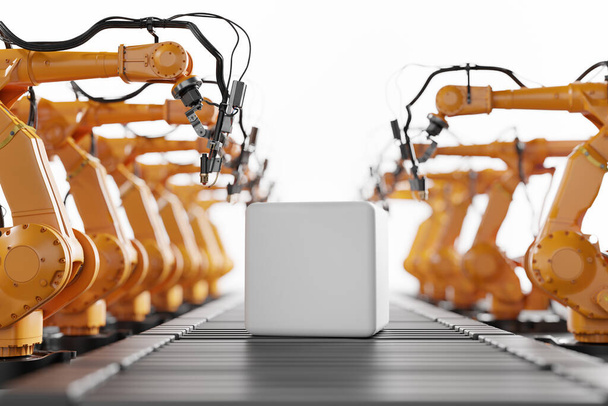 Роботизированные руки готовы работать над пустой коробкой, движущейся вдоль конвейера. Современная тяжёлая промышленность, технологии и машинное обучение. 3D рендеринг
 - Фото, изображение