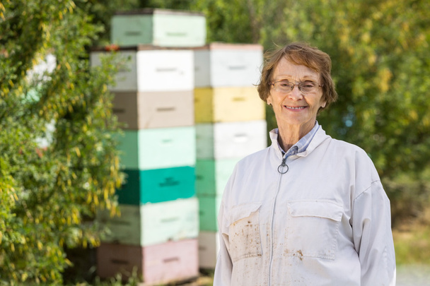 Confident Female Beekeeper At Apiary - Фото, изображение