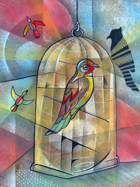 Kubizmus Csendélet madarak Festés. Picasso stílus művészet. - Fotó, kép