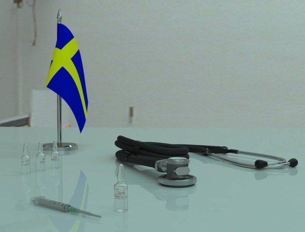 Seringue, vaccin contre le coronovirus COVID 19 et phonendoscope sur une table médicale du Konungariket Sverige
. - Photo, image