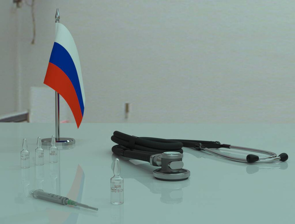 Seringue, vaccin contre le coronovirus COVID 19 et phonendoscope sur une table médicale en Russie
. - Photo, image