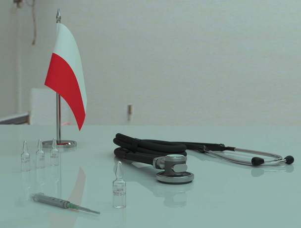 Spuit, COVID 19 coronovirus vaccin en fonendoscoop op een medische tafel in Polen. - Foto, afbeelding