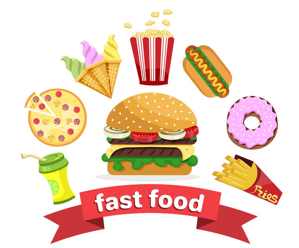 sada ploché kreslené fast food ikony - Vektor, obrázek