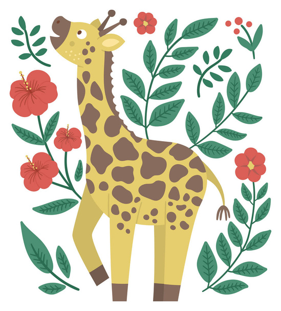 Вектор милий прикрашений компостом з жирафом, екзотичними рослинами і квітами. Дивна ілюстрація тропічних африканських тварин. Яскрава плоска фотографія для дітей. Літній кліп джунглів - Вектор, зображення