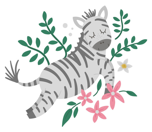 Vector cute composition with zebra, tropical leaves and flowers. Funny exotic African animal illustration. Bright flat picture for children. Jungle summer clip ar - Vector, Image