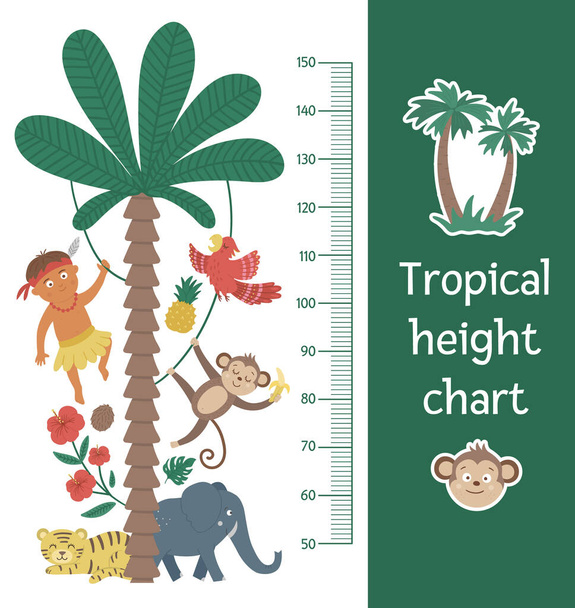 Vector lindo gráfico de altura con animales exóticos, niño africano, hojas, flores, frutas. Divertida decoración mural con plantas aborígenes tropicales, monos y plantas. Cartel de medidor de verano selva para niño
 - Vector, imagen