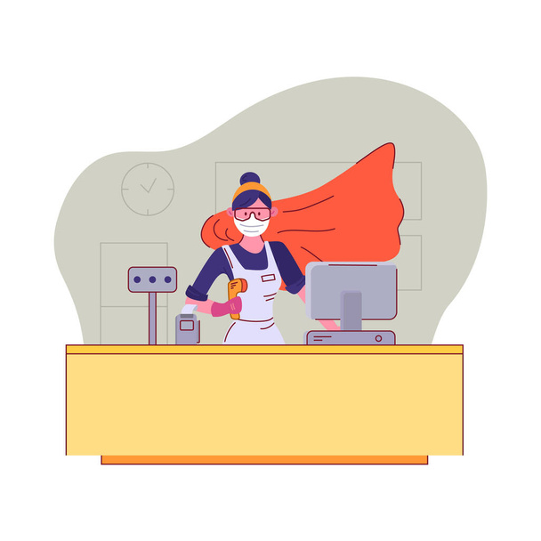 You are our heroes. Seller in medical mask and goggles stands behind the cash register in a supermarket with a superhero cloak during quarantine. Appreciation to sales staff. Vector illustration - Vector, Image