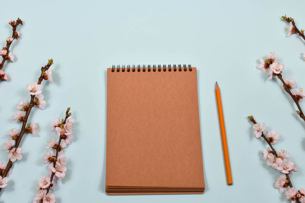 Blank notebook with pencil on a blue background and twigs with white apricot flowers. Top view with copy space - Foto, Imagem