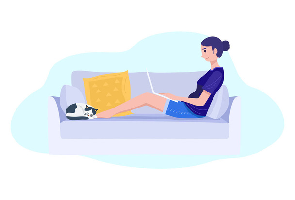 Work from home concept, A young woman sitting on sofa and working on laptop. Vector - Vector, Image
