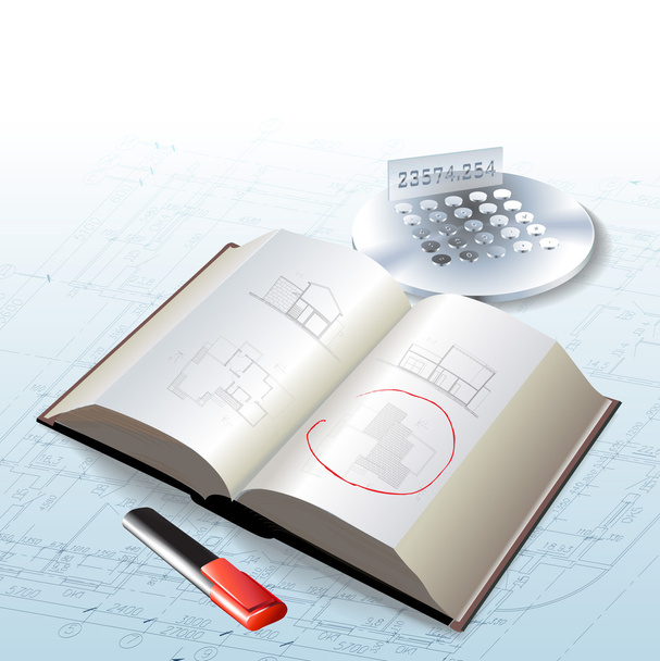 architecturale achtergrond met een boek, rekenmachine en rollen van tekeningen - Vector, afbeelding