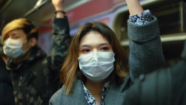 Coronavirus Asia. Young Ill Woman Flu Respiratory White Mask. Asian Corona Virus - Felvétel, videó