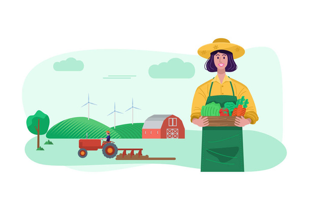 Zemědělský koncept. Mladá žena držící bednu plnou čerstvé zeleniny s dělníkem, který na poli pěstuje traktory. Vektor - Vektor, obrázek