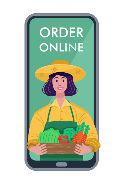 Επίπεδη σχεδίαση, παντοπωλείο online ψώνια. Μια νεαρή γυναίκα που κρατά ένα κιβώτιο γεμάτο φρέσκα λαχανικά απομονωμένα σε λευκό φόντο - Διάνυσμα, εικόνα