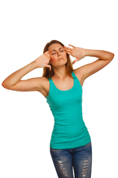 κουρασμένος γυναίκα πόνο άγχος πονοκέφαλο, κρατώντας τα χέρια του πίσω από το κεφάλι, - Φωτογραφία, εικόνα