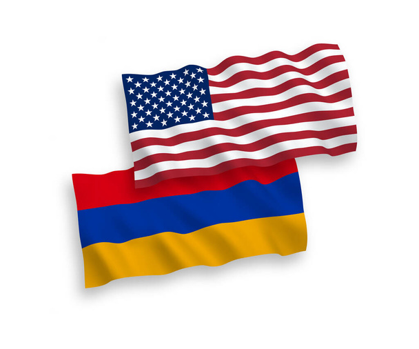 Banderas nacionales de ondas vectoriales de Armenia y Estados Unidos aisladas sobre fondo blanco. Proporción de 1 a 2
. - Vector, Imagen