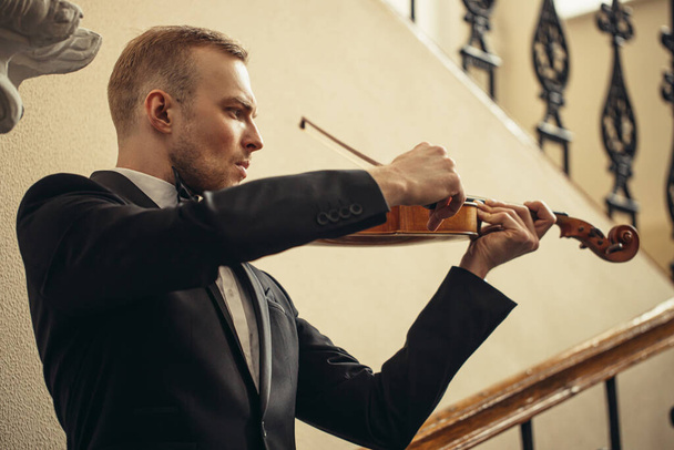handsome talented violinist play on classic musical instrument - Φωτογραφία, εικόνα