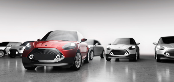 Small city cars fleet. A red car in front. Choosing new car concept. 3D illustration - Photo, Image