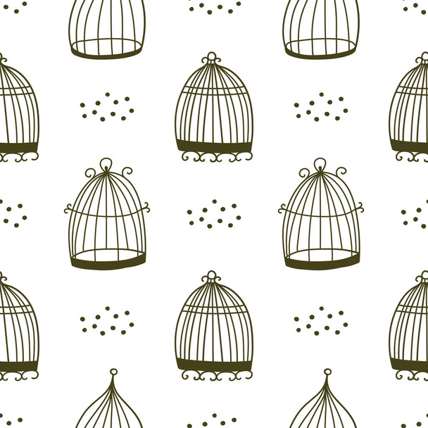 Birds cage hand drawn seamless vector fill. Cute childish drawing. Baby wrapping paper, textile, vector illustration  - Vector, Image