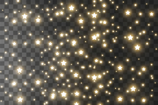 Пыльные искры и золотые звезды сияют особым светом. Вектор сверкает на прозрачном фоне. Рождественский световой эффект. Искрящиеся волшебные частицы пыли. - Вектор,изображение