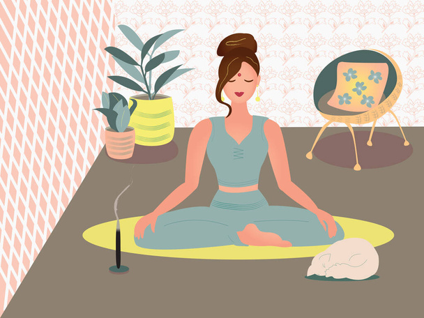 Young woman making yoga at home, vector illustration - Vector, Image