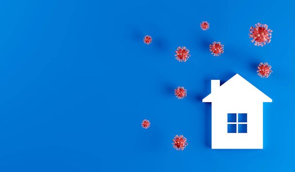 3D візуалізація будинку та молекули коронавірусу. Поінформованість про кампанію соціальних медіа та розробку плакатів для запобігання коронавірусу. Залишайтеся вдома в безпеці. Ілюстрація профілактики вірусної пневмонії
 - Фото, зображення