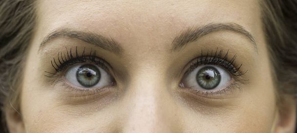 Frauengesicht mit grünen Augen schockiert Miene aus nächster Nähe - Foto, Bild
