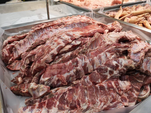 sparerib pork on a stainless steel tray in supermarket - Photo, Image