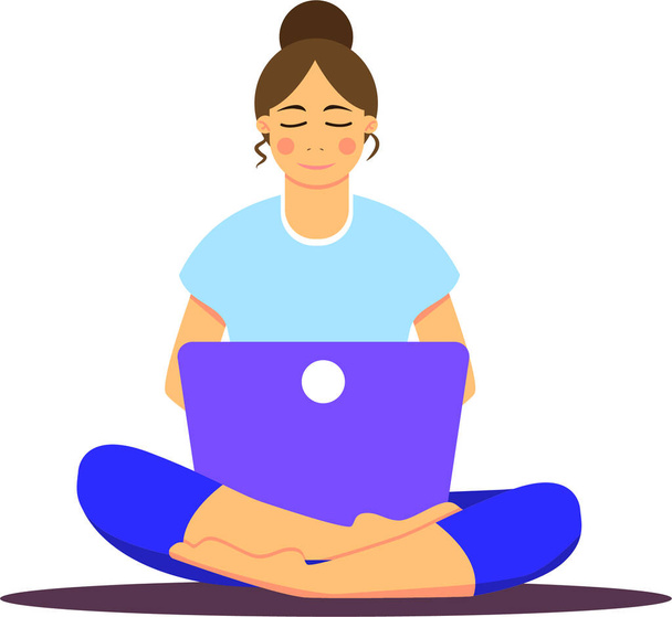Азиатка сидит с ноутбуком в позе лотоса. Молодая женщина работает над ноутбуком, учится, просматривает интернет, болтает, ведет блог. Онлайн-образование или фриланс. Сиди дома. Социальное дистанцирование
 - Вектор,изображение
