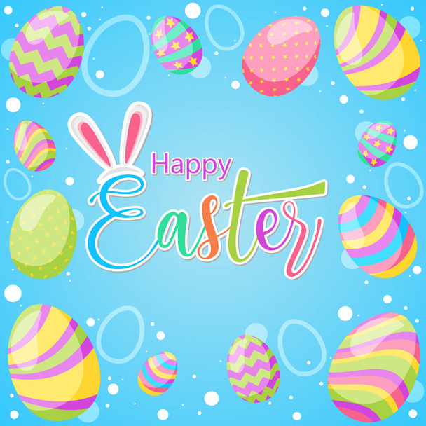 Happy Easter! Vector isolated illustration with eggs and lettering text on blue background.  - Vektor, kép