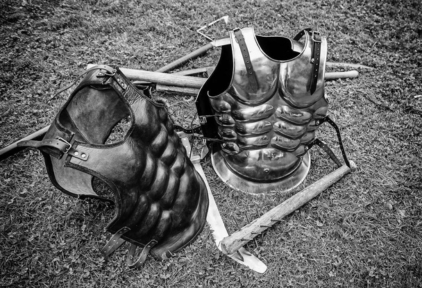 Medieval warrior armor, detail of some parts of an old metal armedera, war and pain - Фото, изображение