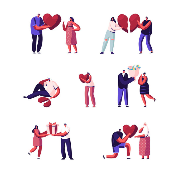 Set of Lovers in Beginning and End of Loving Relations. Young Man and Woman Characters Pull Apart Broken Heart Parts, Dating. Man Giving Flowers and Gift to Woman. Cartoon People Vector Illustration - Vettoriali, immagini