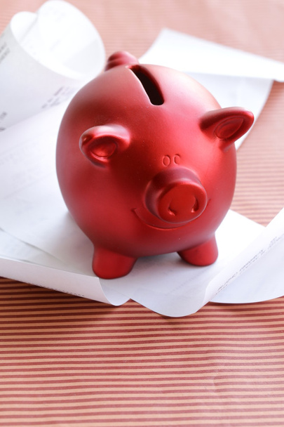 Funny red Pig Piggy with lots of receipt - saving concept - Foto, imagen