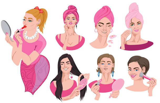Набір жіночих портретів у рожевому одязі, які роблять макіяж. Чищення волосся, носіння помади, присипка обличчя
 - Вектор, зображення