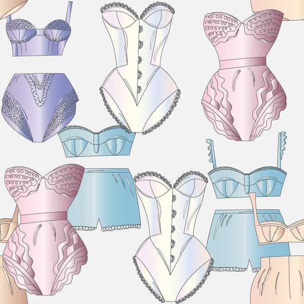 Repeat pattern silk lingerie collection. Lace underwear set , panties, bras, knickers isolated on white background. Vector illustration. - Vecteur, image