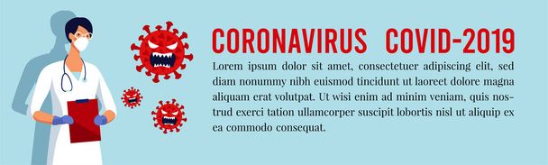 Banner for design with place for text. Doctor in a medical mask and gloves against coronavirus. Protective measures during an epidemic. Flat vector illustration - Vettoriali, immagini