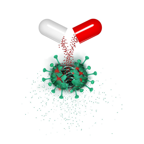 Virus-Behandlungskonzept. Die Pille zerstört das Virus. Das Medikament gegen Coronavirus. Vektor Folge 10 - Vektor, Bild
