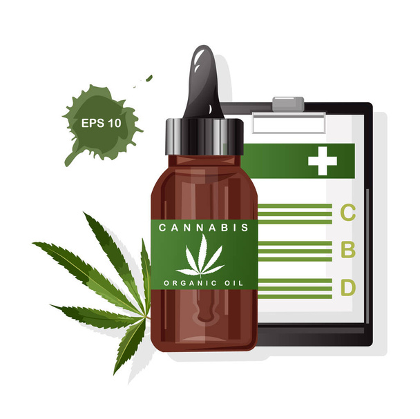 Cannabis organic oil with marijuana leaves. CBD benefits on paper clipboard. Vector - Vektor, kép