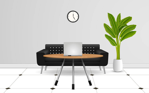 portátil en la mesa de madera y sofá negro en la sala de trabajo
 - Vector, imagen