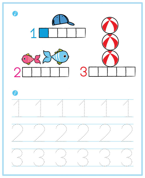 Ejercicio para niños de preescolar y jardín de infantes, Números
 - Vector, imagen