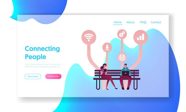 Free Apps Download Landing Page Template. Young People Characters Using Gadgets Sitting on Bench, Chatting in Social Media Networks, Communicating with Mobile Devices. Cartoon Vector Illustration - Vector, Image