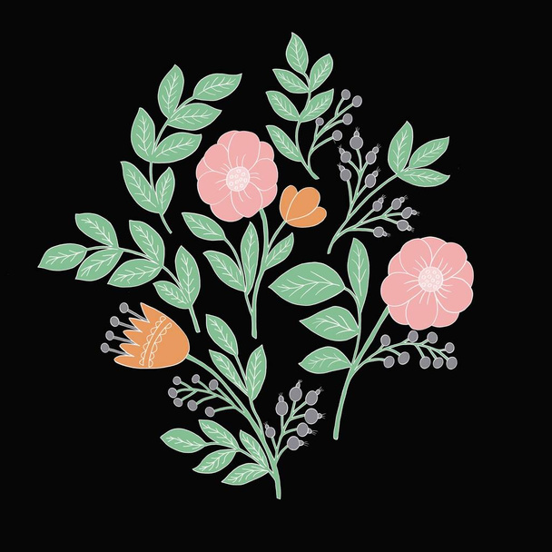 Muster mit leuchtend rosa Blüten und Blättern auf schwarzem Hintergrund. Zur Dekoration von Textilien, Verpackungspapier, Handyhüllen, Drucken auf Kleidung - Foto, Bild