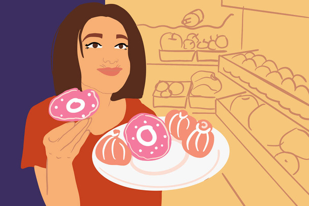 Mulher comendo donuts doces perto da geladeira
 - Vetor, Imagem